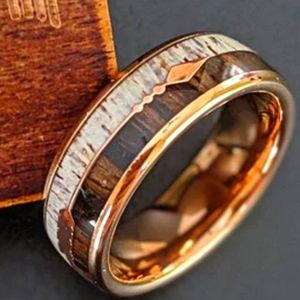 18K Rose Gold Ring - Dual Inlay Koa Wood Men's Wedding Ring / Size 7.5